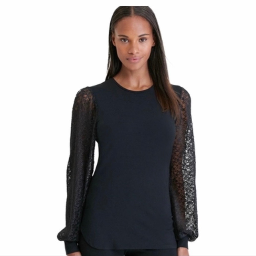 Ralph Lauren L Lace Bishop Sleeve Jersey Shirt Blouse Top black